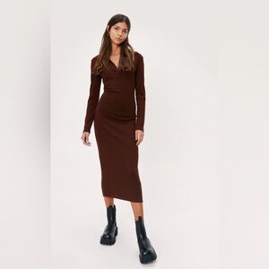 Nasty Gal Chocolate Brown Long Sleeve Midi Dress XS